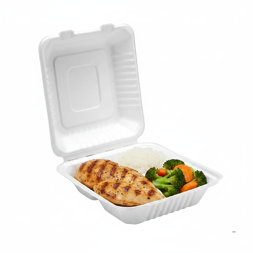 9-inch 3-compartment bagasse clamshell box with classic meal prep - grilled chicken, rice and vegetables