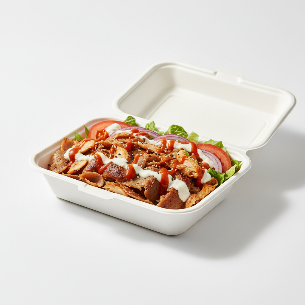 600ml white clamshell box filled with doner kebab