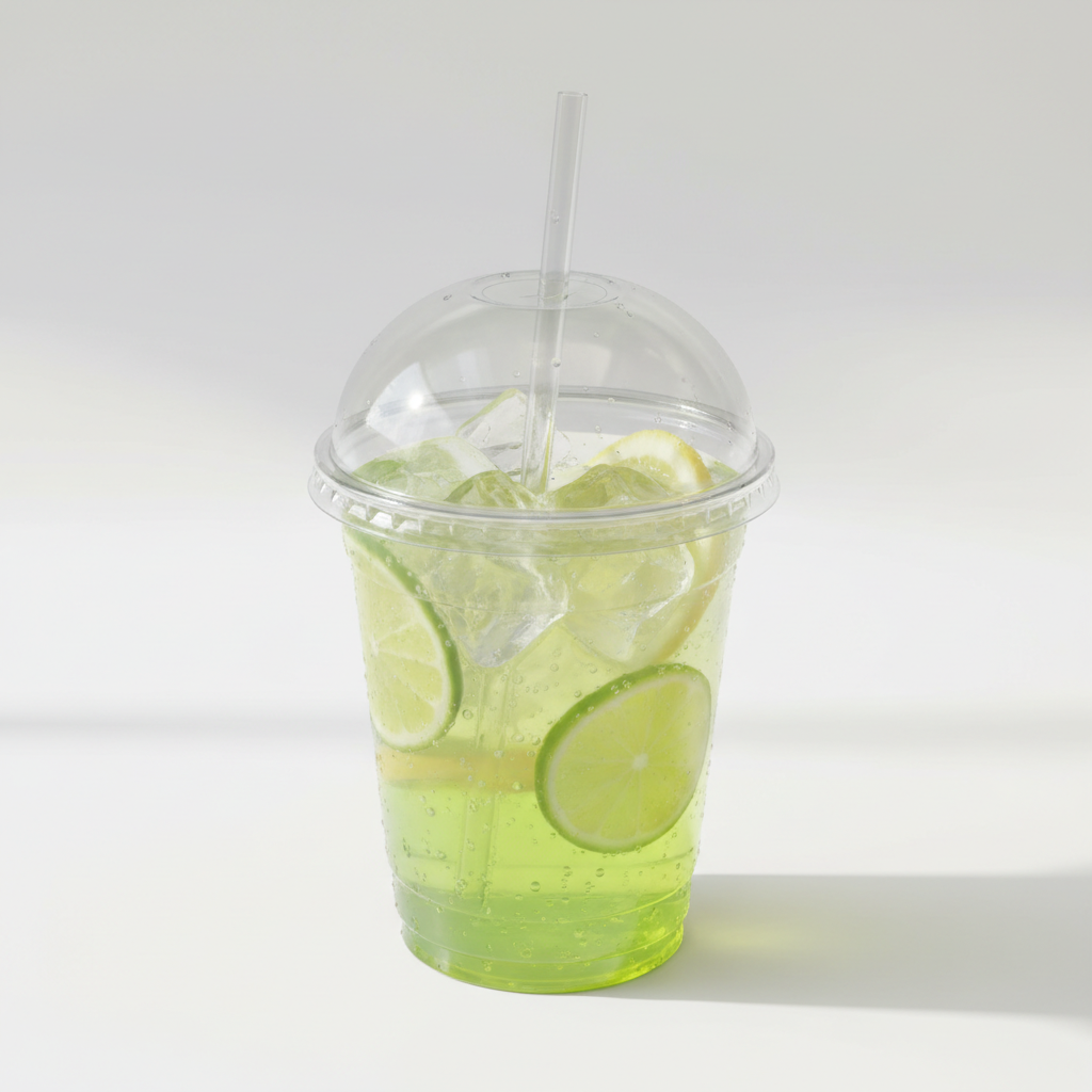 12oz clear rPET cold cup with domed lid, lemonade, ice and lime slices