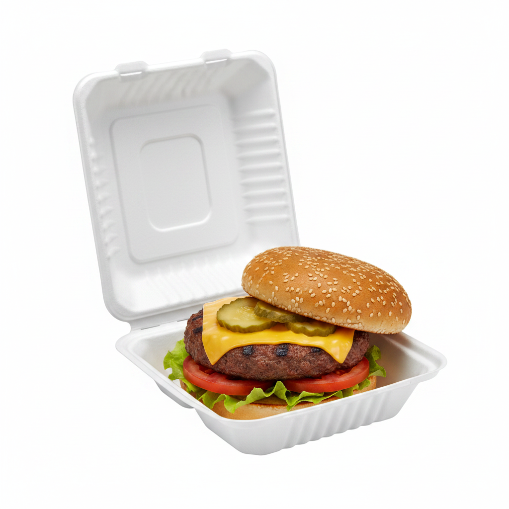 6-inch biodegradable bagasse hamburger box with a juicy gourmet burger inside